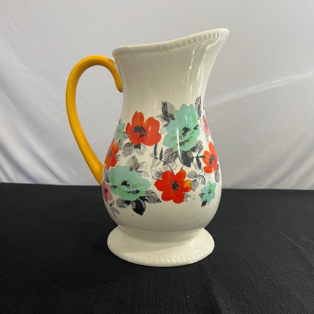 The Pioneer Woman Flea Market Floral Ceramic Pitcher Vase White Red Teal 10.25in